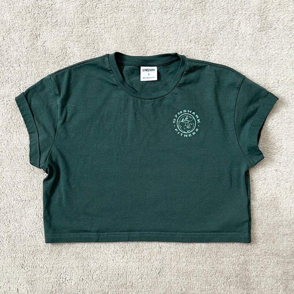 GYMSHARK Crop Top Shirt Short Sleeve Hunter Green Athleisure Work Out Sz S Small